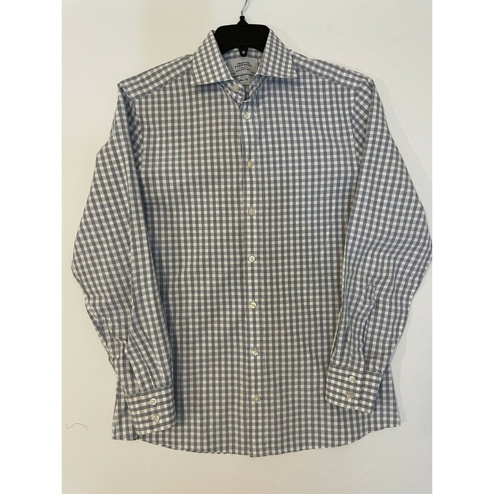 Charles Tyrwhitt Non Iron Slim Fit Button Down Shirt Mens 15.5 - 34 Blue Plaid